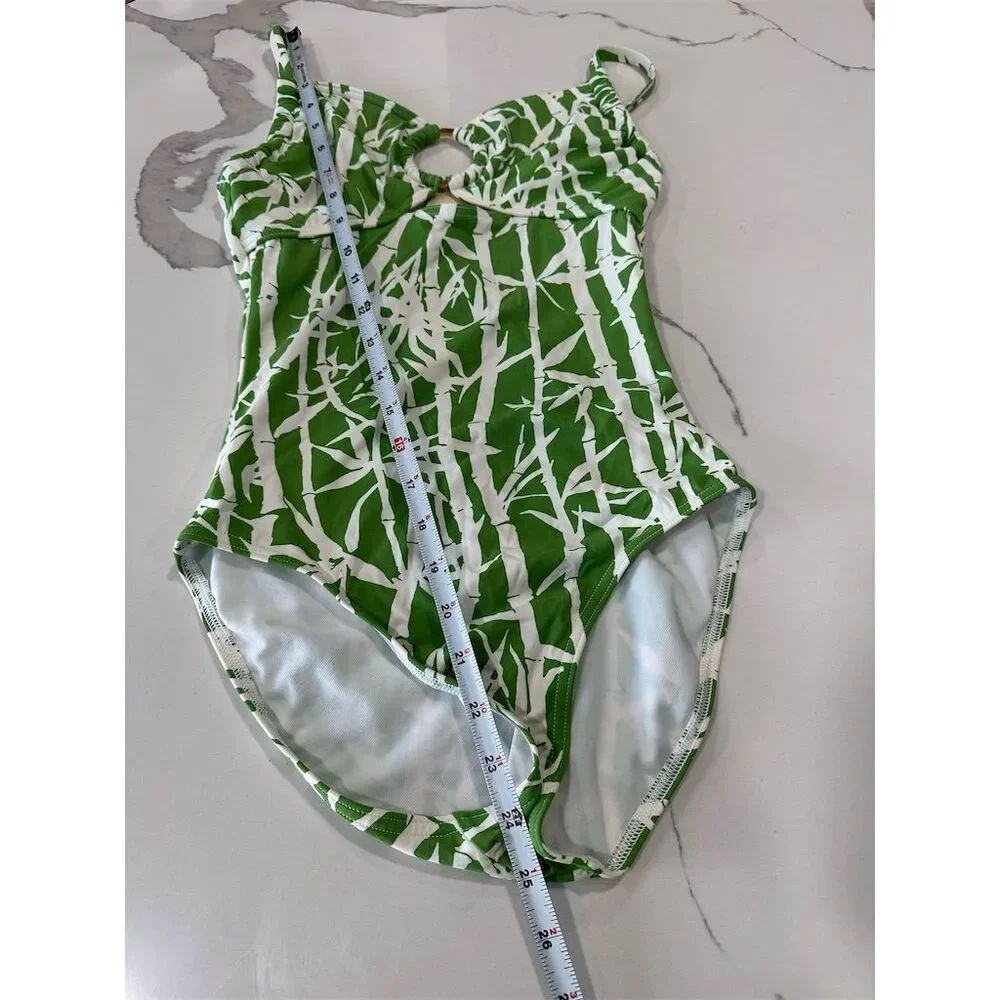 MICHAEL KORS One‎ Piece Swimsuit Green White Bamboo Print Ring Accent Size S
